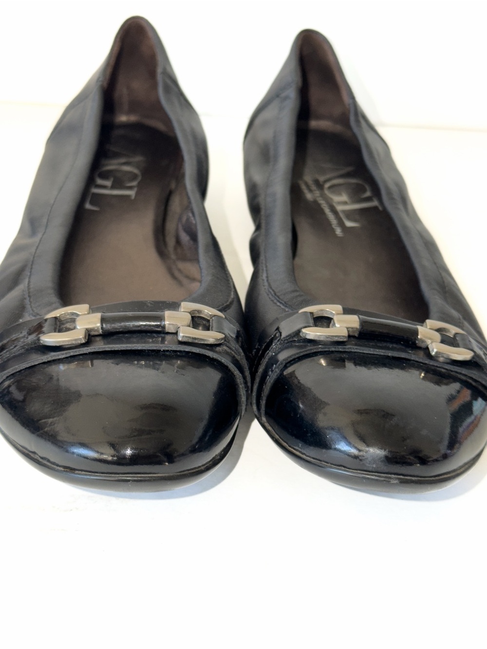 AGL Black Ballet Flats Patent Cap Toe Black Leather Pewter Buckle Women Sz 41/10 - Picture 4 of 12